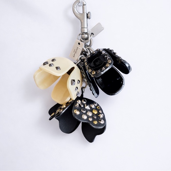 Coach Accessories - Coach Tea Rose Studded Leather Bag Charm Keychain Cream White 2017 NWT